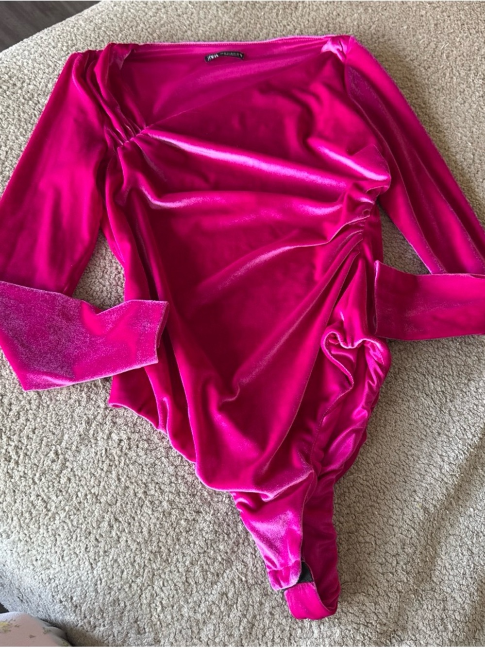 Zara Velvet Long-Sleeve Bodysuit - Fuchsia Pink
